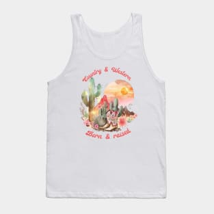 Country and western; west; country; music; cowgirl; country girl; gal; desert; landscape; vintage; retro; Nashville; cowboy; wild west; rodeo; boots; cowgirl boots; sunset; sky; born and raised; cactus; Tank Top